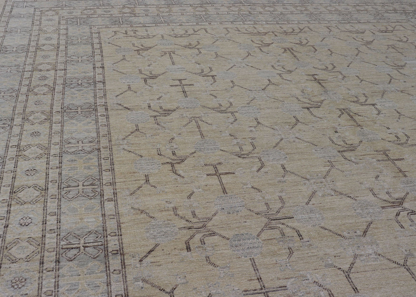 Finely Woven Khotan Rug with All - Over Geometric Pattern in Soft Yellow & Gray. Light yellow Color Background Khotan rug with All Over geometric motifs in Light yellow, gray and brown highlights. rug MP - 1310 - 541, country of origin / type: Afghanista... - Keivan Woven ArtsMP - 1310 - 541 - 4748Rug