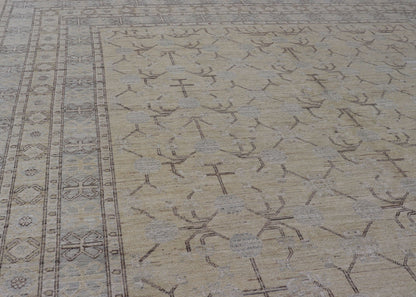 Finely Woven Khotan Rug with All - Over Geometric Pattern in Soft Yellow & Gray. Light yellow Color Background Khotan rug with All Over geometric motifs in Light yellow, gray and brown highlights. rug MP - 1310 - 541, country of origin / type: Afghanista... - Keivan Woven ArtsMP - 1310 - 541 - 4748Rug