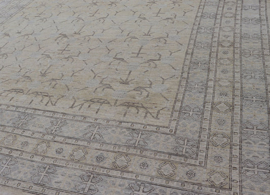 Finely Woven Khotan Rug with All - Over Geometric Pattern in Soft Yellow & Gray. Light yellow Color Background Khotan rug with All Over geometric motifs in Light yellow, gray and brown highlights. rug MP - 1310 - 541, country of origin / type: Afghanista... - Keivan Woven ArtsMP - 1310 - 541 - 4748