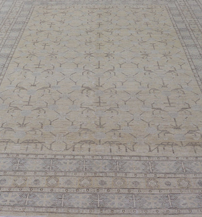 Finely Woven Khotan Rug with All - Over Geometric Pattern in Soft Yellow & Gray. Light yellow Color Background Khotan rug with All Over geometric motifs in Light yellow, gray and brown highlights. rug MP - 1310 - 541, country of origin / type: Afghanista... - Keivan Woven ArtsMP - 1310 - 541 - 4748Rug