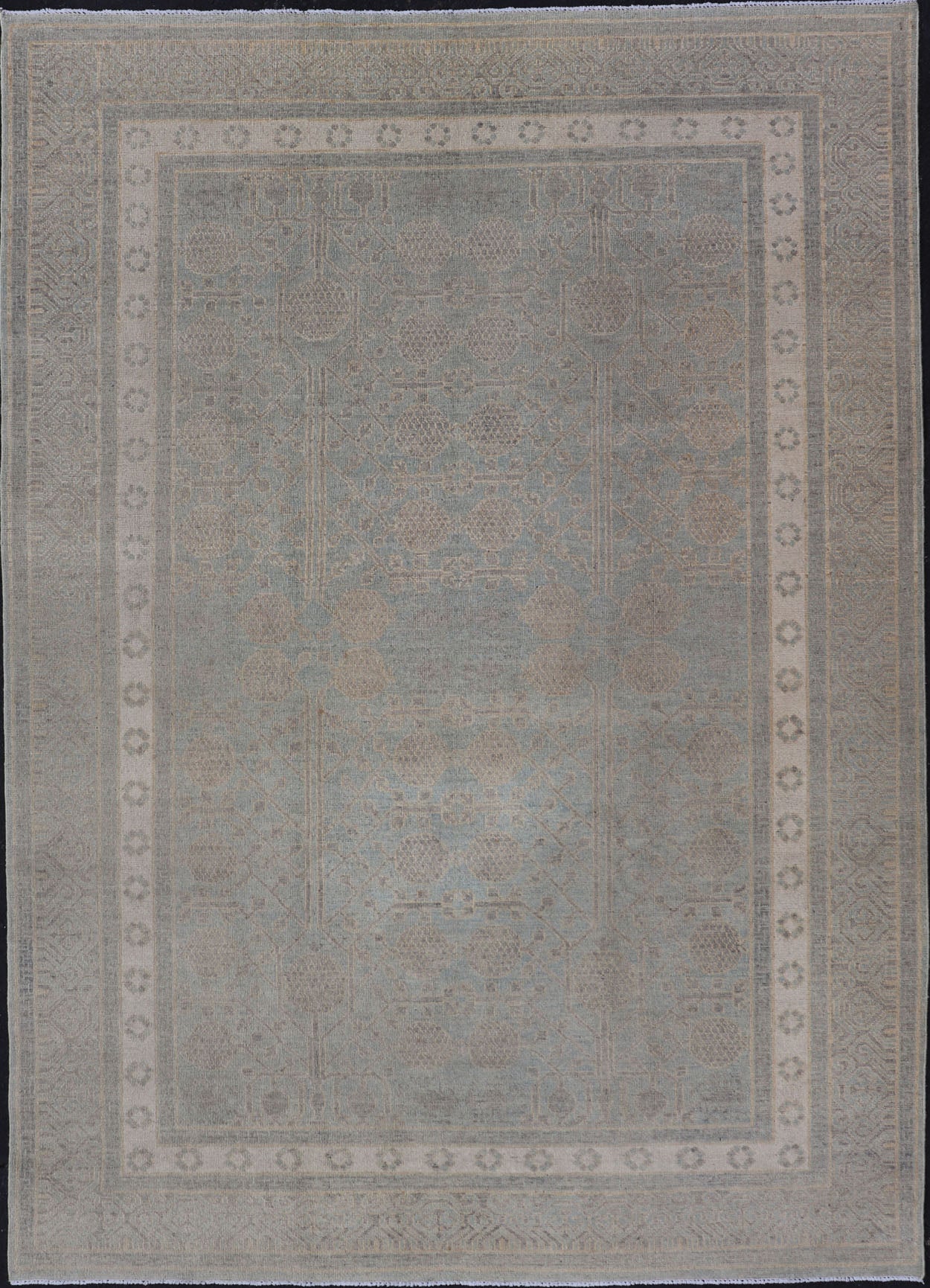 Afghan Khotan Rug With Geometric Design in Shades of Light Blue and Taupe. Geometric All - over Khotan with Pomegranate, rug MP - 1310 - 613, country of origin / type: Afghanistan / Khotan This Khotan features a geometric all - over Pomegranate design f... - Keivan Woven ArtsMP - 1310 - 613 - 4754Rug