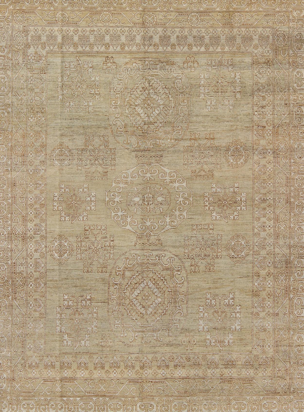 Khotan Design Rug with All - Over Geometric Pattern in Light Brown and Green's. Keivan Woven Arts / rug MP - 1409 - 1446 country of origin / type: Afghanistan / Khotan. Measures: 8'6 x 10'4 This Khotan features a geometric all - over design flanked by a ... - Keivan Woven ArtsMP - 1409 - 1446 - 5924Rug