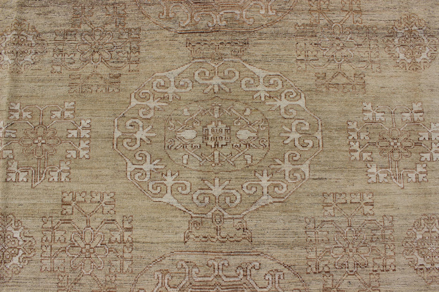 Khotan Design Rug with All - Over Geometric Pattern in Light Brown and Green's. Keivan Woven Arts / rug MP - 1409 - 1446 country of origin / type: Afghanistan / Khotan. Measures: 8'6 x 10'4 This Khotan features a geometric all - over design flanked by a ... - Keivan Woven ArtsMP - 1409 - 1446 - 5924Rug