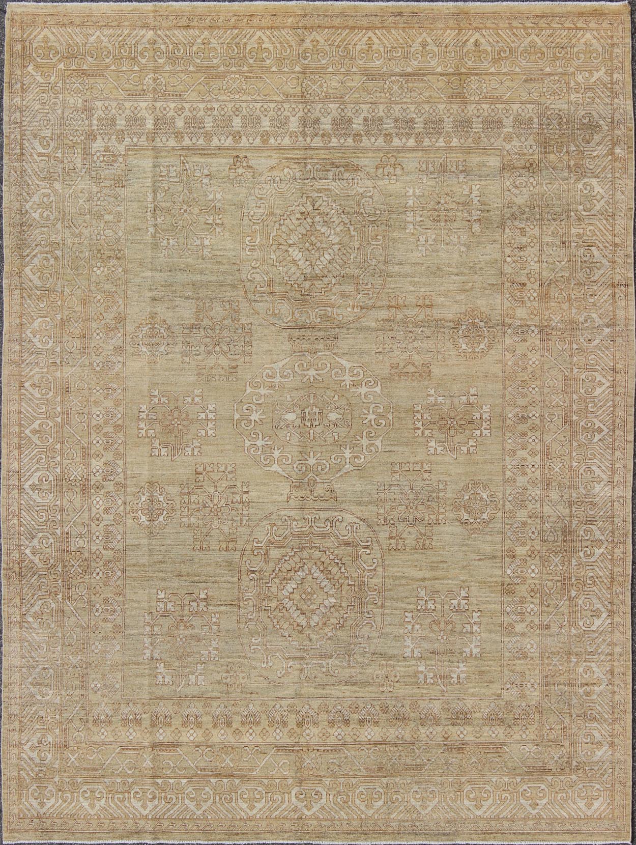 Khotan Design Rug with All - Over Geometric Pattern in Light Brown and Green's. Keivan Woven Arts / rug MP - 1409 - 1446 country of origin / type: Afghanistan / Khotan. Measures: 8'6 x 10'4 This Khotan features a geometric all - over design flanked by a ... - Keivan Woven ArtsMP - 1409 - 1446 - 5924Rug