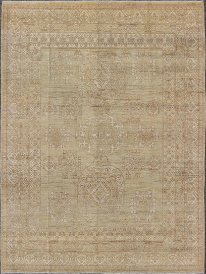 Khotan Design Rug with All - Over Geometric Pattern in Light Brown and Green's. Keivan Woven Arts / rug MP - 1409 - 1446 country of origin / type: Afghanistan / Khotan. Measures: 8'6 x 10'4 This Khotan features a geometric all - over design flanked by a ... - Keivan Woven ArtsMP - 1409 - 1446 - 5924Rug