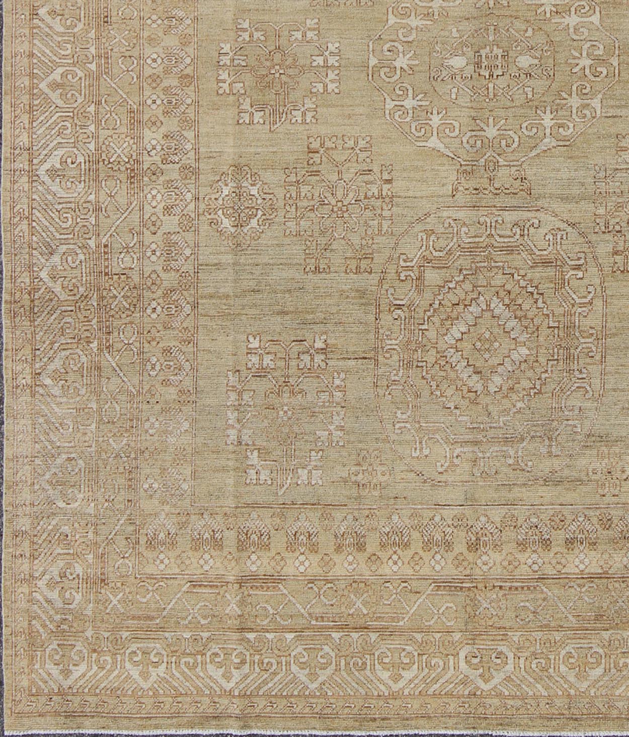 Khotan Design Rug with All - Over Geometric Pattern in Light Brown and Green's. Keivan Woven Arts / rug MP - 1409 - 1446 country of origin / type: Afghanistan / Khotan. Measures: 8'6 x 10'4 This Khotan features a geometric all - over design flanked by a ... - Keivan Woven ArtsMP - 1409 - 1446 - 5924Rug