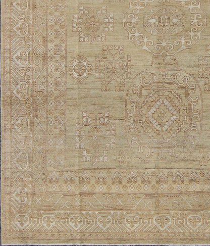 Khotan Design Rug with All - Over Geometric Pattern in Light Brown and Green's. Keivan Woven Arts / rug MP - 1409 - 1446 country of origin / type: Afghanistan / Khotan. Measures: 8'6 x 10'4 This Khotan features a geometric all - over design flanked by a ... - Keivan Woven ArtsMP - 1409 - 1446 - 5924Rug