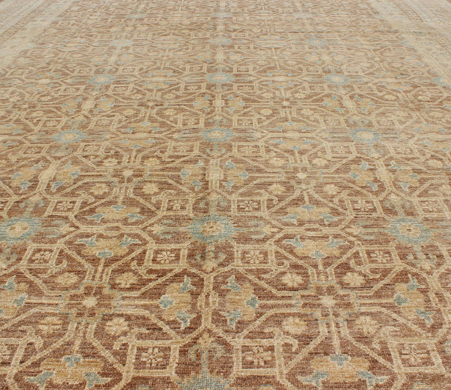 Khotan Design Rug with All - Over Geometric Pattern in Light Brown, Butter & Blue. Light Brown Background, light blue, butter accent and neutral colors Khotan design rug with geometric all over intricate Medallions, rug/MP - 1411 - 2157 country of ori... - Keivan Woven ArtsMP - 1411 - 2157 - 6125Rug