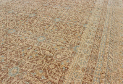 Khotan Design Rug with All - Over Geometric Pattern in Light Brown, Butter & Blue. Light Brown Background, light blue, butter accent and neutral colors Khotan design rug with geometric all over intricate Medallions, rug/MP - 1411 - 2157 country of ori... - Keivan Woven ArtsMP - 1411 - 2157 - 6125Rug