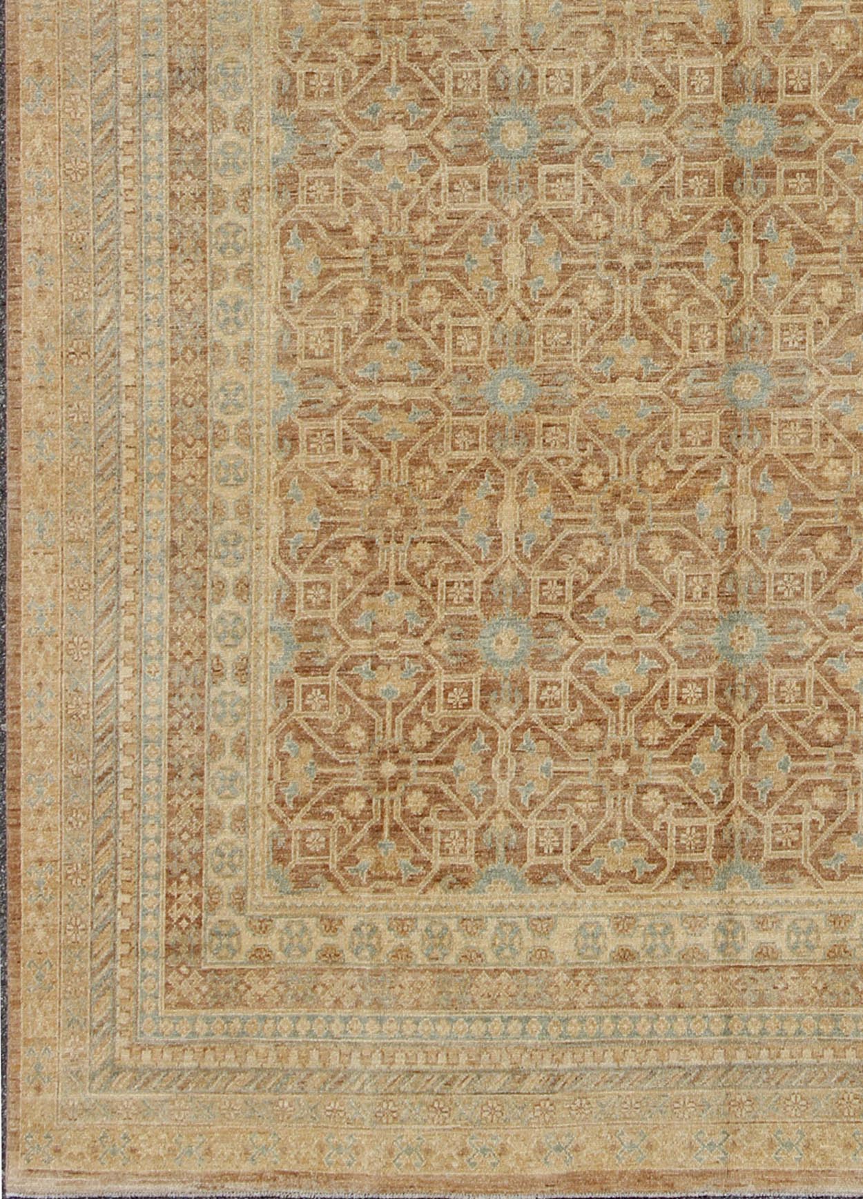 Khotan Design Rug with All - Over Geometric Pattern in Light Brown, Butter & Blue. Light Brown Background, light blue, butter accent and neutral colors Khotan design rug with geometric all over intricate Medallions, rug/MP - 1411 - 2157 country of ori... - Keivan Woven ArtsMP - 1411 - 2157 - 6125Rug