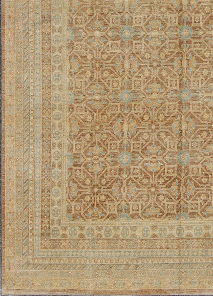 Khotan Design Rug with All - Over Geometric Pattern in Light Brown, Butter & Blue. Light Brown Background, light blue, butter accent and neutral colors Khotan design rug with geometric all over intricate Medallions, rug/MP - 1411 - 2157 country of ori... - Keivan Woven ArtsMP - 1411 - 2157 - 6125Rug