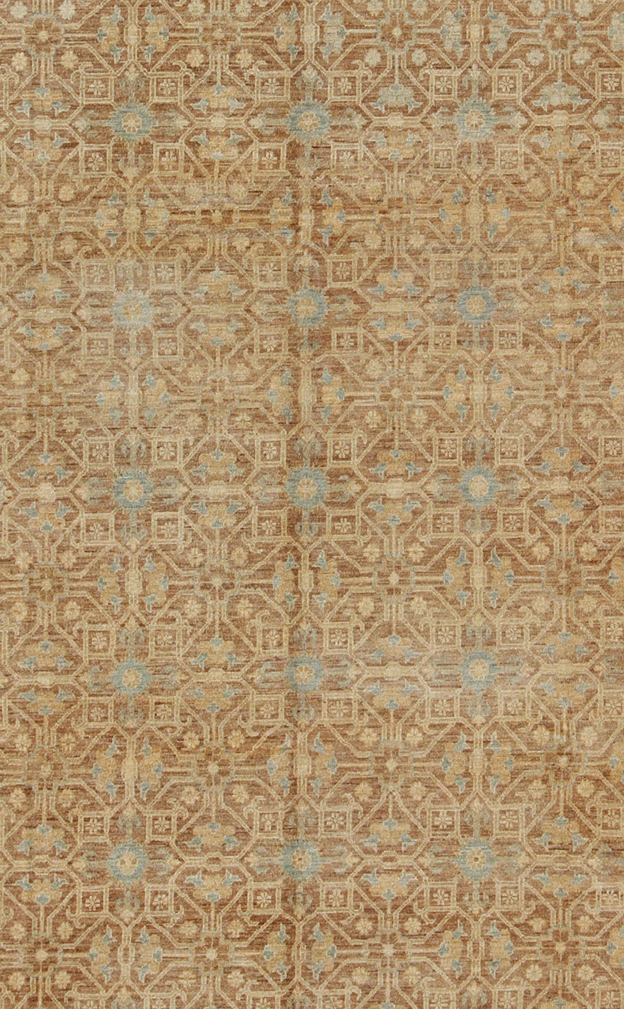 Khotan Design Rug with All - Over Geometric Pattern in Light Brown, Butter & Blue. Light Brown Background, light blue, butter accent and neutral colors Khotan design rug with geometric all over intricate Medallions, rug/MP - 1411 - 2157 country of ori... - Keivan Woven ArtsMP - 1411 - 2157 - 6125Rug