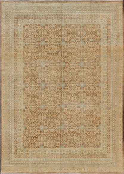Khotan Design Rug with All - Over Geometric Pattern in Light Brown, Butter & Blue. Light Brown Background, light blue, butter accent and neutral colors Khotan design rug with geometric all over intricate Medallions, rug/MP - 1411 - 2157 country of ori... - Keivan Woven ArtsMP - 1411 - 2157 - 6125Rug