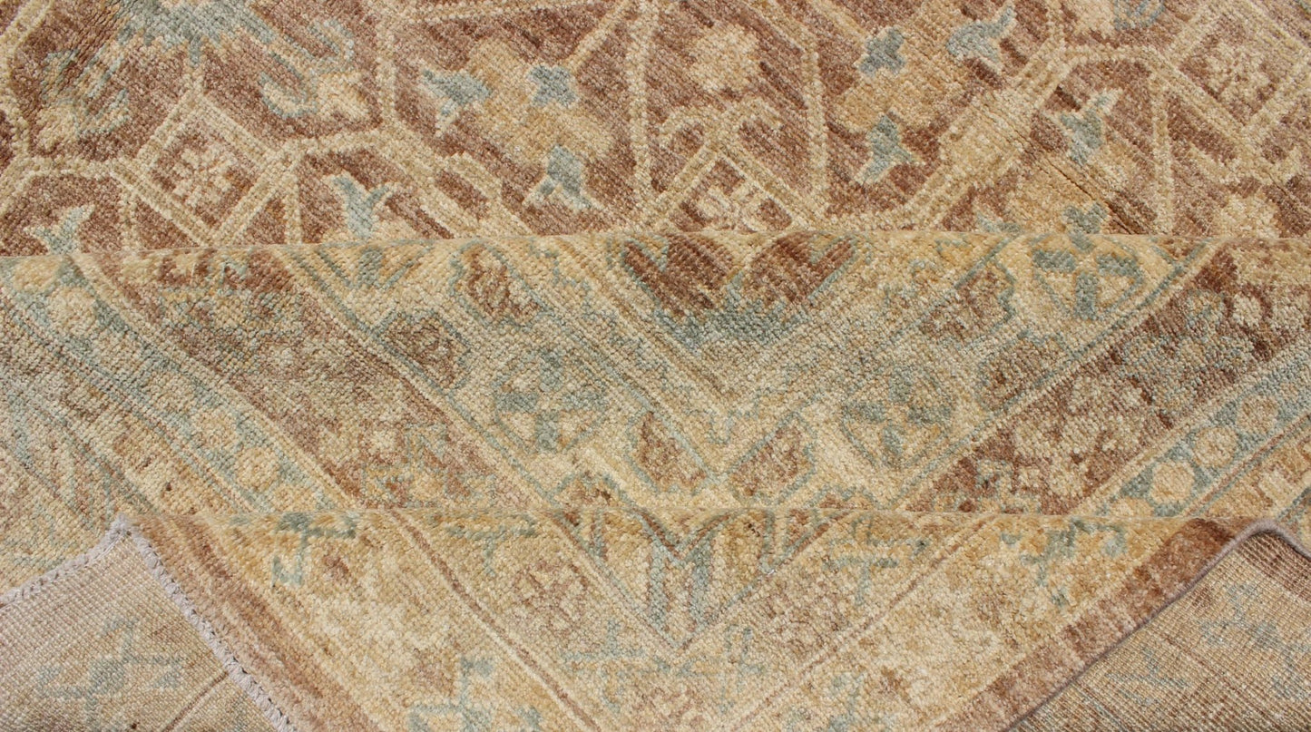 Khotan Design Rug with All - Over Geometric Pattern in Light Brown, Butter & Blue. Light Brown Background, light blue, butter accent and neutral colors Khotan design rug with geometric all over intricate Medallions, rug/MP - 1411 - 2157 country of ori... - Keivan Woven ArtsMP - 1411 - 2157 - 6125Rug