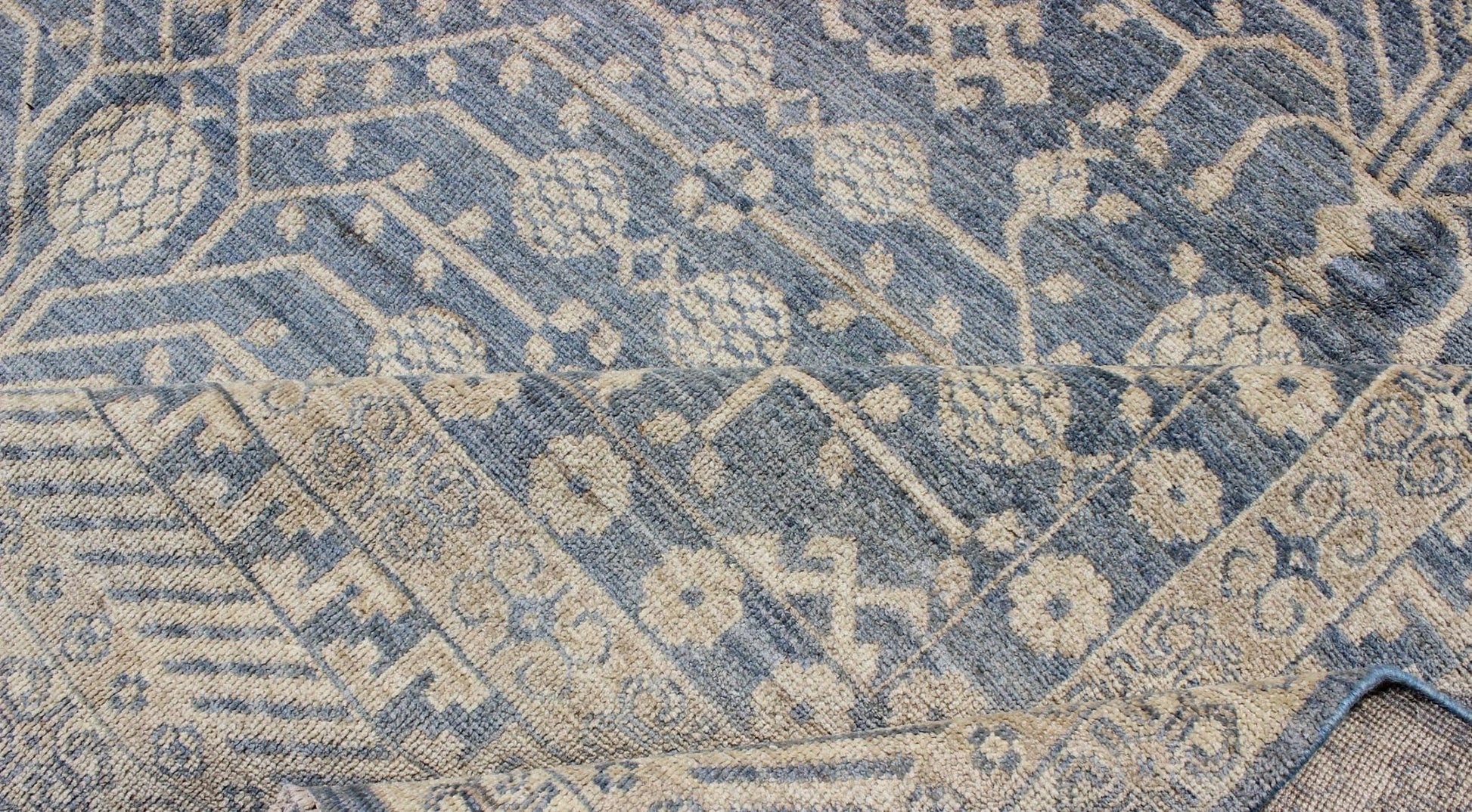 Khotan Design Rug with All - Over Pomegranate Pattern in Blue, Tan & Taupe. Afghanistan made Khotan rug with all - over design displaying Pomegranate in the field, rug MP - 1411 - 2176, country of origin / type: Afghanistan / Khotan This Khotan ... - Keivan Woven ArtsMP - 1411 - 2176 - 6131Rug