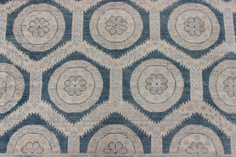Khotan Design Rug With Geometric Medallions in Tan, Blue Gray & Teal Blue Rug with All - over Khotan Design with Geometric Motifs MP - 1504 - 3391, country of origin / type: Afghanistan / Khotan This Reproduction Khotan features a geometric al... - Keivan Woven ArtsMP - 1504 - 3391 - 6450Rug