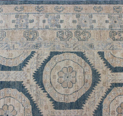 Khotan Design Rug With Geometric Medallions in Tan, Blue Gray & Teal Blue Rug with All - over Khotan Design with Geometric Motifs MP - 1504 - 3391, country of origin / type: Afghanistan / Khotan This Reproduction Khotan features a geometric al... - Keivan Woven ArtsMP - 1504 - 3391 - 6450Rug