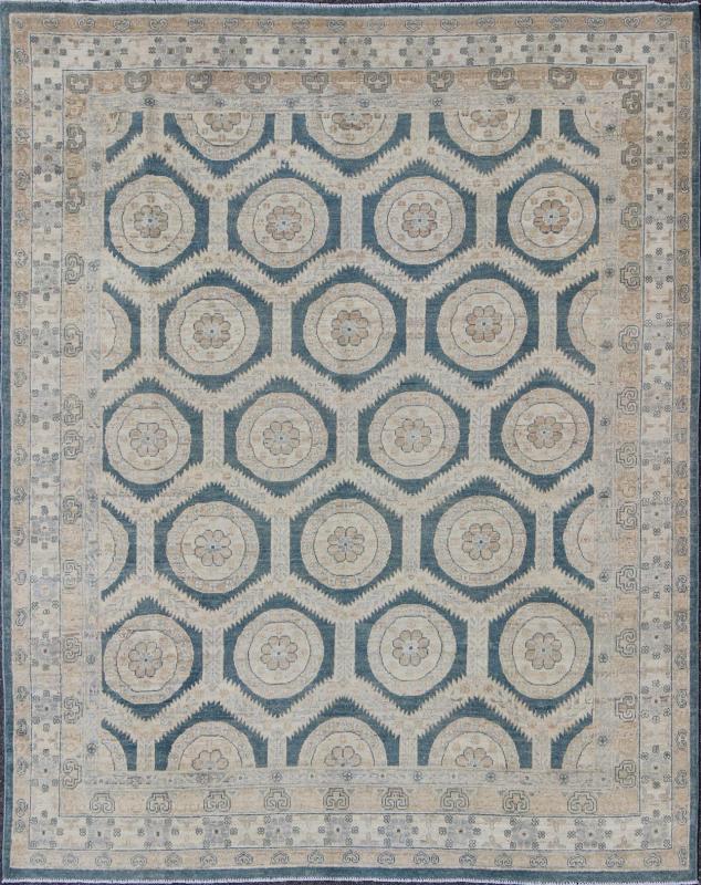 Khotan Design Rug With Geometric Medallions in Tan, Blue Gray & Teal Blue Rug with All - over Khotan Design with Geometric Motifs MP - 1504 - 3391, country of origin / type: Afghanistan / Khotan This Reproduction Khotan features a geometric al... - Keivan Woven ArtsMP - 1504 - 3391 - 6450Rug