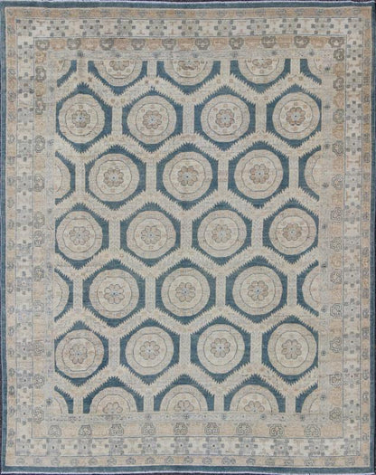 Khotan Design Rug With Geometric Medallions in Tan, Blue Gray & Teal Blue Rug with All - over Khotan Design with Geometric Motifs MP - 1504 - 3391, country of origin / type: Afghanistan / Khotan This Reproduction Khotan features a geometric al... - Keivan Woven ArtsMP - 1504 - 3391 - 6450Rug