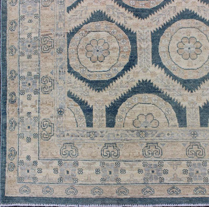Khotan Design Rug With Geometric Medallions in Tan, Blue Gray & Teal Blue Rug with All - over Khotan Design with Geometric Motifs MP - 1504 - 3391, country of origin / type: Afghanistan / Khotan This Reproduction Khotan features a geometric al... - Keivan Woven ArtsMP - 1504 - 3391 - 6450Rug
