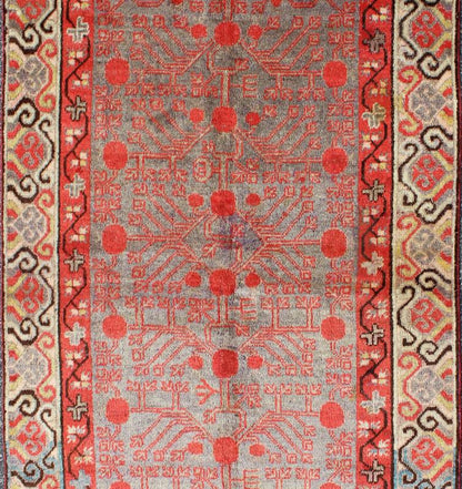 Intricate Vintage Khotan Rug with Sub - Geometric Design in Reds and Light Blue. Measures: 3'10'' x 8'1''. This unique antique Khotan rug is a spectacular testament to the complexity of Turkestan design. The red and light blue of the central fi... - Keivan Woven ArtsMP - 1610 - 157641 - 7877Rug