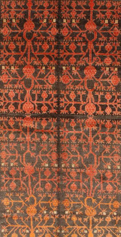 Antique Khotan Rug An antique, early 20th century, Central Asian Khotan rug with traditional all - over pomegranate pattern on a charcoal field surrounded by multiple complementary floral borders of gold and orange. Measures: 5'7 x 8'11. - Keivan Woven ArtsMP - 1610 - 157652 - 7881Rug