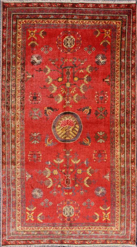 Vibrant Khotan Rug in Red with All - Over Sub - Geometric Floral Design. Measures: 4'1'' x 8'6''. This attractive antique Khotan rug is a spectacular testament to the complexity of Turkestan design. The red of the central field plays host to a st... - Keivan Woven ArtsMP - 1610 - 157698 - 7885Rug