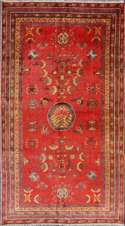 Vibrant Khotan Rug in Red with All - Over Sub - Geometric Floral Design. Measures: 4'1'' x 8'6''. This attractive antique Khotan rug is a spectacular testament to the complexity of Turkestan design. The red of the central field plays host to a st... - Keivan Woven ArtsMP - 1610 - 157698 - 7885Rug