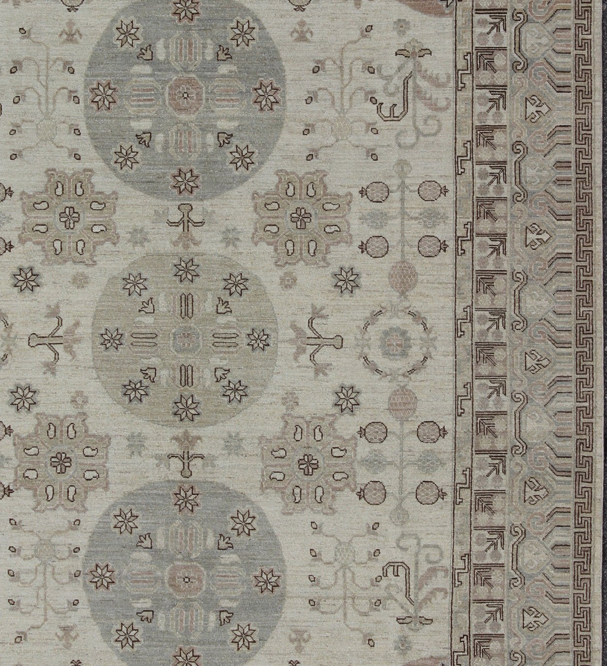 Khotan Design Rug with Circular Medallions, in Muted Earth Tones. Light color Khotan rug, Afghanistan made fine piece, with circular Medallions in Gray, Tan, Cream, brown and light blue, rug/MP - 1703 - 1613 country of origin / type: Afghanistan / K... - Keivan Woven ArtsMP - 1703 - 1613 - 8267Rug