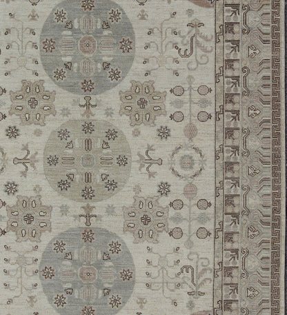 Khotan Design Rug with Circular Medallions, in Muted Earth Tones. Light color Khotan rug, Afghanistan made fine piece, with circular Medallions in Gray, Tan, Cream, brown and light blue, rug/MP - 1703 - 1613 country of origin / type: Afghanistan / K... - Keivan Woven ArtsMP - 1703 - 1613 - 8267Rug