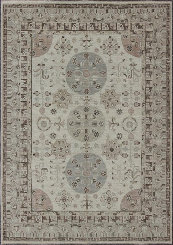 Khotan Design Rug with Circular Medallions, in Muted Earth Tones. Light color Khotan rug, Afghanistan made fine piece, with circular Medallions in Gray, Tan, Cream, brown and light blue, rug/MP - 1703 - 1613 country of origin / type: Afghanistan / K... - Keivan Woven ArtsMP - 1703 - 1613 - 8267Rug