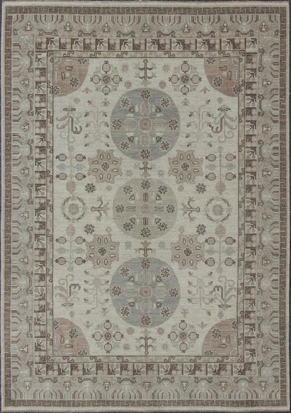 Khotan Design Rug with Circular Medallions, in Muted Earth Tones. Light color Khotan rug, Afghanistan made fine piece, with circular Medallions in Gray, Tan, Cream, brown and light blue, rug/MP - 1703 - 1613 country of origin / type: Afghanistan / K... - Keivan Woven ArtsMP - 1703 - 1613 - 8267Rug