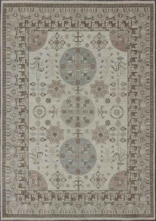 Khotan Design Rug with Circular Medallions, in Muted Earth Tones. Light color Khotan rug, Afghanistan made fine piece, with circular Medallions in Gray, Tan, Cream, brown and light blue, rug/MP - 1703 - 1613 country of origin / type: Afghanistan / K... - Keivan Woven ArtsMP - 1703 - 1613 - 8267Rug