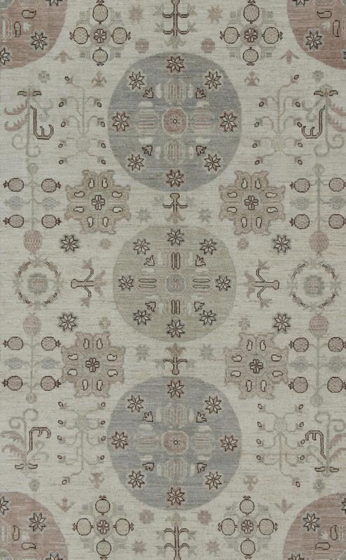 Khotan Design Rug with Circular Medallions, in Muted Earth Tones. Light color Khotan rug, Afghanistan made fine piece, with circular Medallions in Gray, Tan, Cream, brown and light blue, rug/MP - 1703 - 1613 country of origin / type: Afghanistan / K... - Keivan Woven ArtsMP - 1703 - 1613 - 8267Rug
