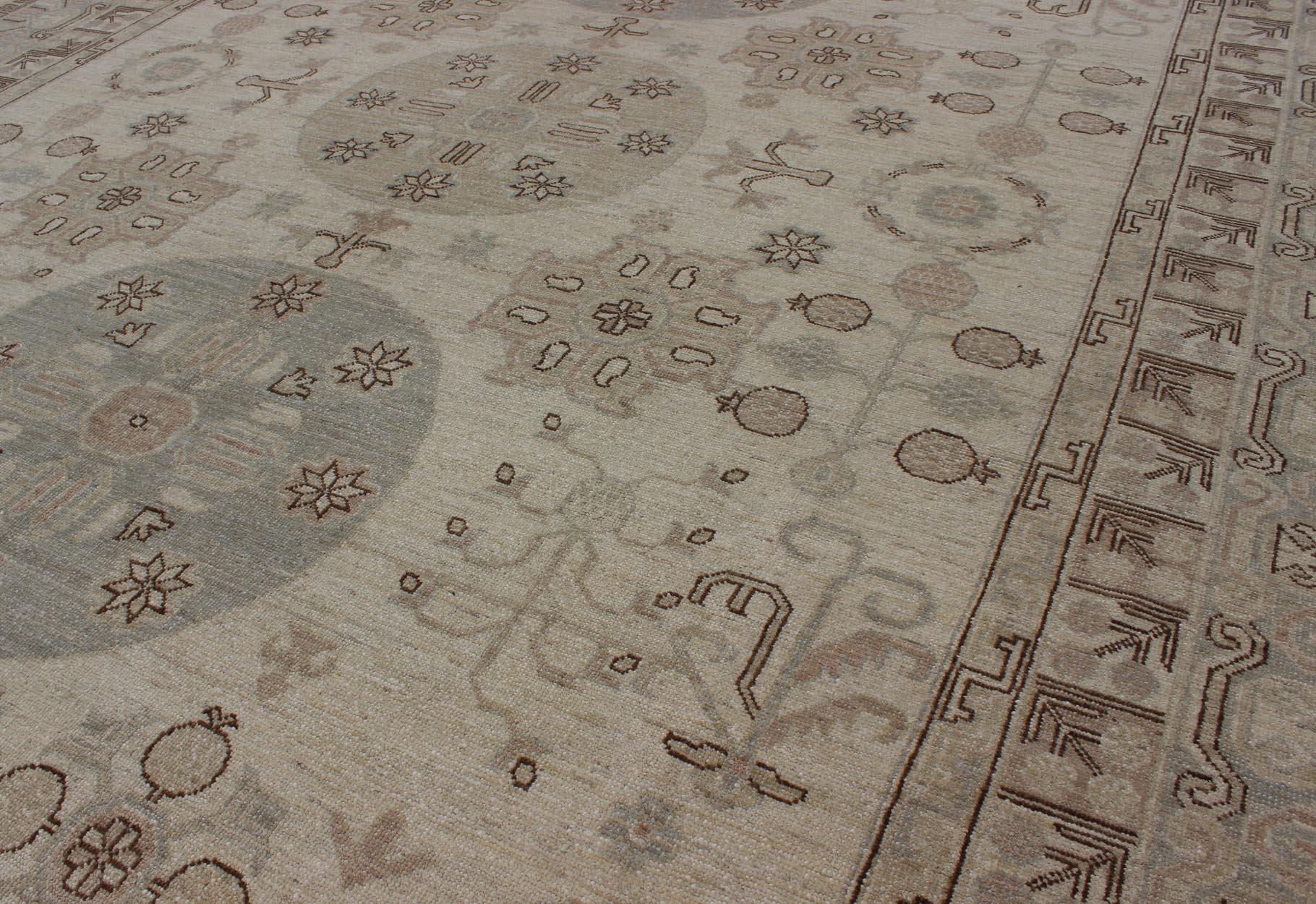 Khotan Design Rug with Circular Medallions, in Muted Earth Tones. Light color Khotan rug, Afghanistan made fine piece, with circular Medallions in Gray, Tan, Cream, brown and light blue, rug/MP - 1703 - 1613 country of origin / type: Afghanistan / K... - Keivan Woven ArtsMP - 1703 - 1613 - 8267Rug