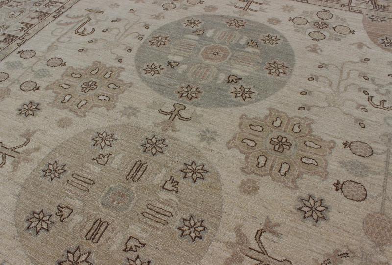 Khotan Design Rug with Circular Medallions, in Muted Earth Tones. Light color Khotan rug, Afghanistan made fine piece, with circular Medallions in Gray, Tan, Cream, brown and light blue, rug/MP - 1703 - 1613 country of origin / type: Afghanistan / K... - Keivan Woven ArtsMP - 1703 - 1613 - 8267Rug