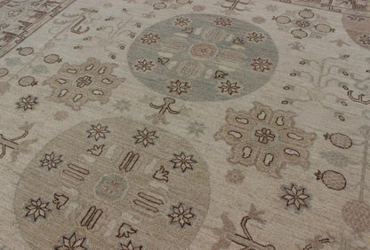 Khotan Design Rug with Circular Medallions, in Muted Earth Tones. Light color Khotan rug, Afghanistan made fine piece, with circular Medallions in Gray, Tan, Cream, brown and light blue, rug/MP - 1703 - 1613 country of origin / type: Afghanistan / K... - Keivan Woven ArtsMP - 1703 - 1613 - 8267Rug