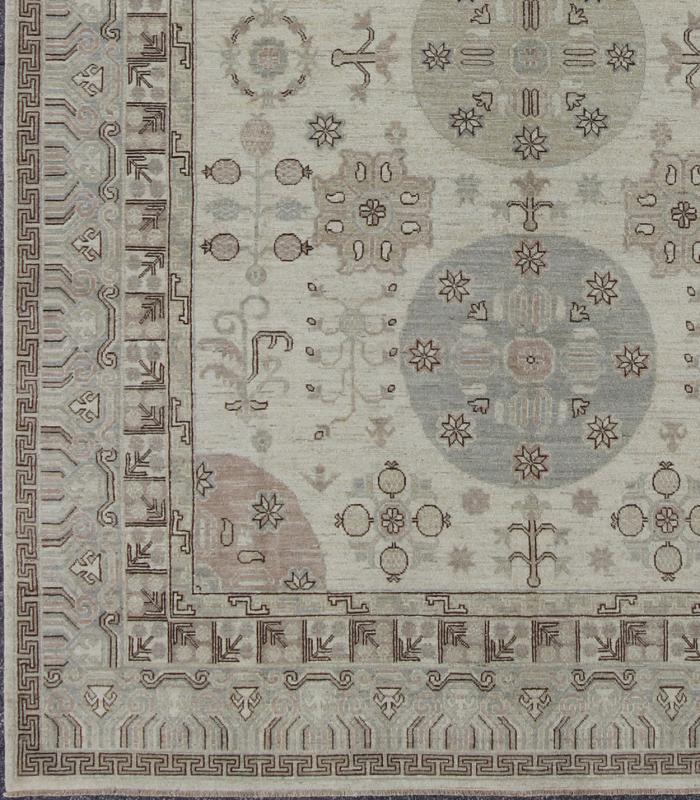 Khotan Design Rug with Circular Medallions, in Muted Earth Tones. Light color Khotan rug, Afghanistan made fine piece, with circular Medallions in Gray, Tan, Cream, brown and light blue, rug/MP - 1703 - 1613 country of origin / type: Afghanistan / K... - Keivan Woven ArtsMP - 1703 - 1613 - 8267Rug