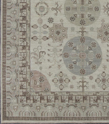 Khotan Design Rug with Circular Medallions, in Muted Earth Tones. Light color Khotan rug, Afghanistan made fine piece, with circular Medallions in Gray, Tan, Cream, brown and light blue, rug/MP - 1703 - 1613 country of origin / type: Afghanistan / K... - Keivan Woven ArtsMP - 1703 - 1613 - 8267Rug
