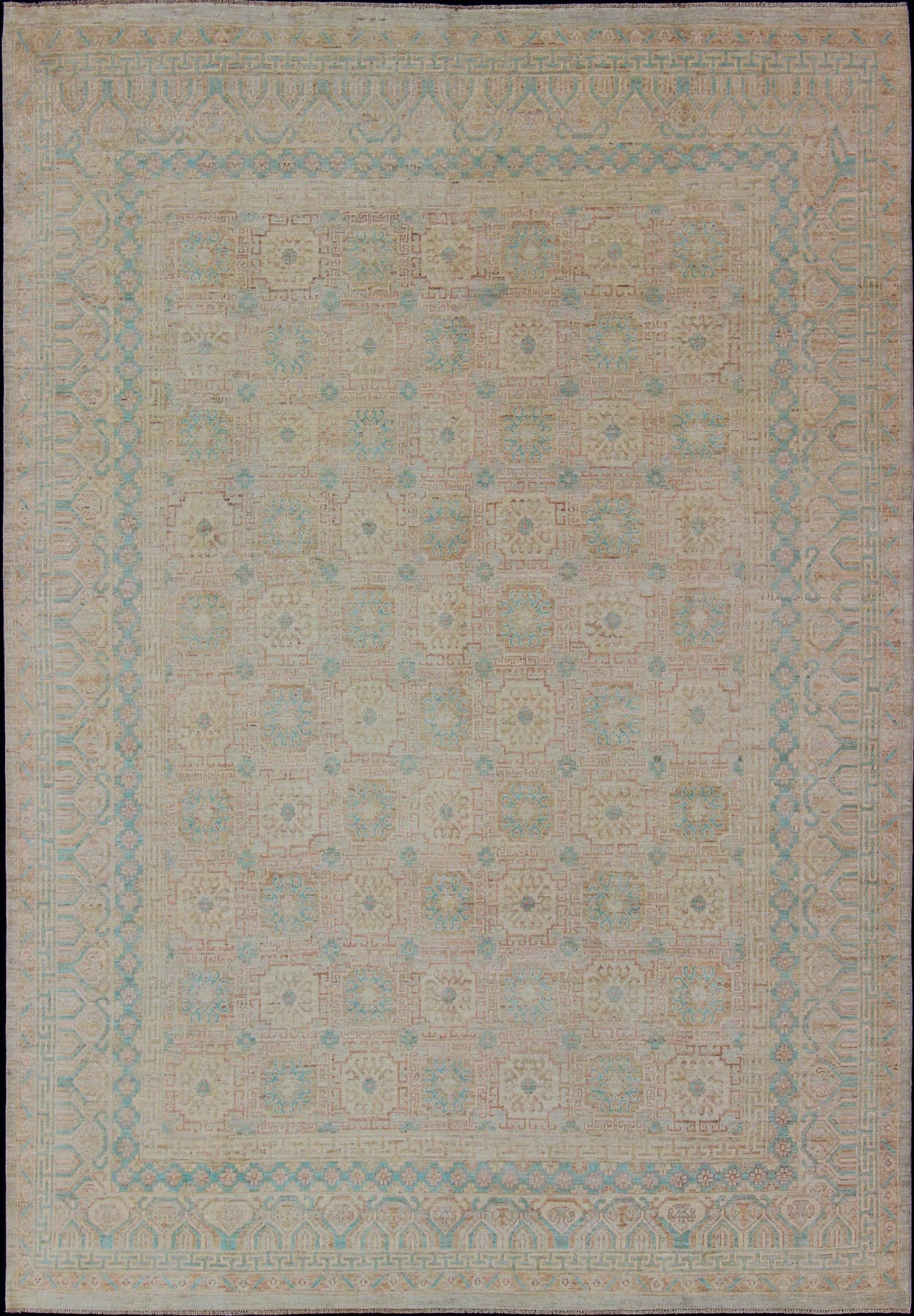 Khotan Design Rug with Geometric Medallions in Tan and Turquoise Khotan Design Rug with Geometric Medallions in turquoise and tan, Geometric Khotan Keivan Woven Arts / rug MP - 1903 - 10235, country of origin / type: Afghanistan / Khotan Thi... - Keivan Woven ArtsMP - 1903 - 10235 - 1466Rug