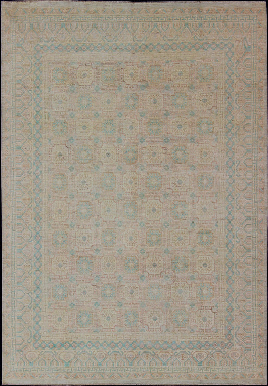 Khotan Design Rug with Geometric Medallions in Tan and Turquoise Khotan Design Rug with Geometric Medallions in turquoise and tan, Geometric Khotan Keivan Woven Arts / rug MP - 1903 - 10235, country of origin / type: Afghanistan / Khotan Thi... - Keivan Woven ArtsMP - 1903 - 10235 - 1466Rug