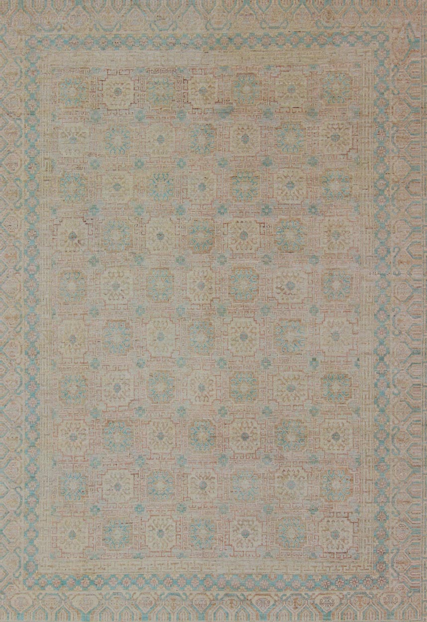 Khotan Design Rug with Geometric Medallions in Tan and Turquoise Khotan Design Rug with Geometric Medallions in turquoise and tan, Geometric Khotan Keivan Woven Arts / rug MP - 1903 - 10235, country of origin / type: Afghanistan / Khotan Thi... - Keivan Woven ArtsMP - 1903 - 10235 - 1466Rug