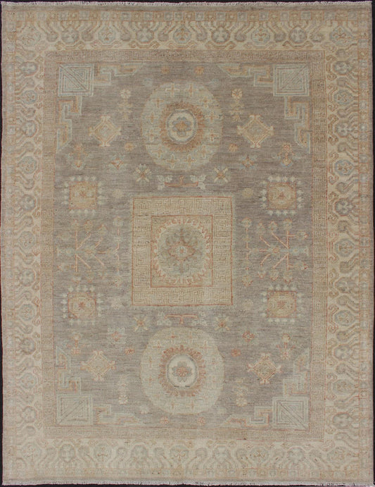 Fine Khotan Design Rug with Samarkand design in Muted Tones Light color Khotan rug with geometric Medallions in Gray, Tan, pale green, rust and light blue, rug/MP - 1903 - 10518 country of origin / type: Afghanistan / Khotan This Khotan feat... - Keivan Woven ArtsMP - 1903 - 10518 - 1472Rug
