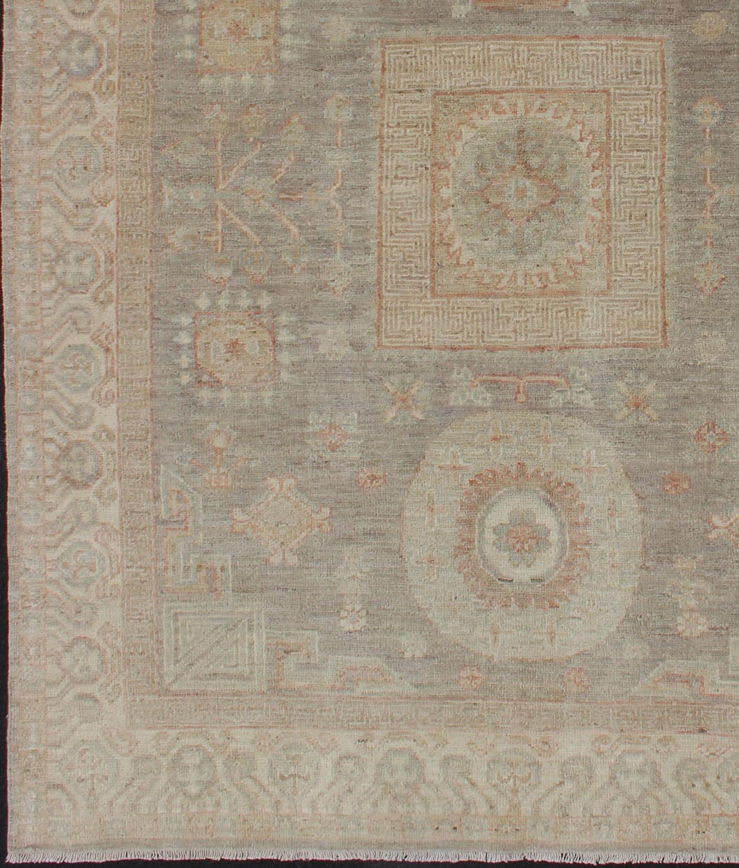 Fine Khotan Design Rug with Samarkand design in Muted Tones Light color Khotan rug with geometric Medallions in Gray, Tan, pale green, rust and light blue, rug/MP - 1903 - 10518 country of origin / type: Afghanistan / Khotan This Khotan feat... - Keivan Woven ArtsMP - 1903 - 10518 - 1472Rug