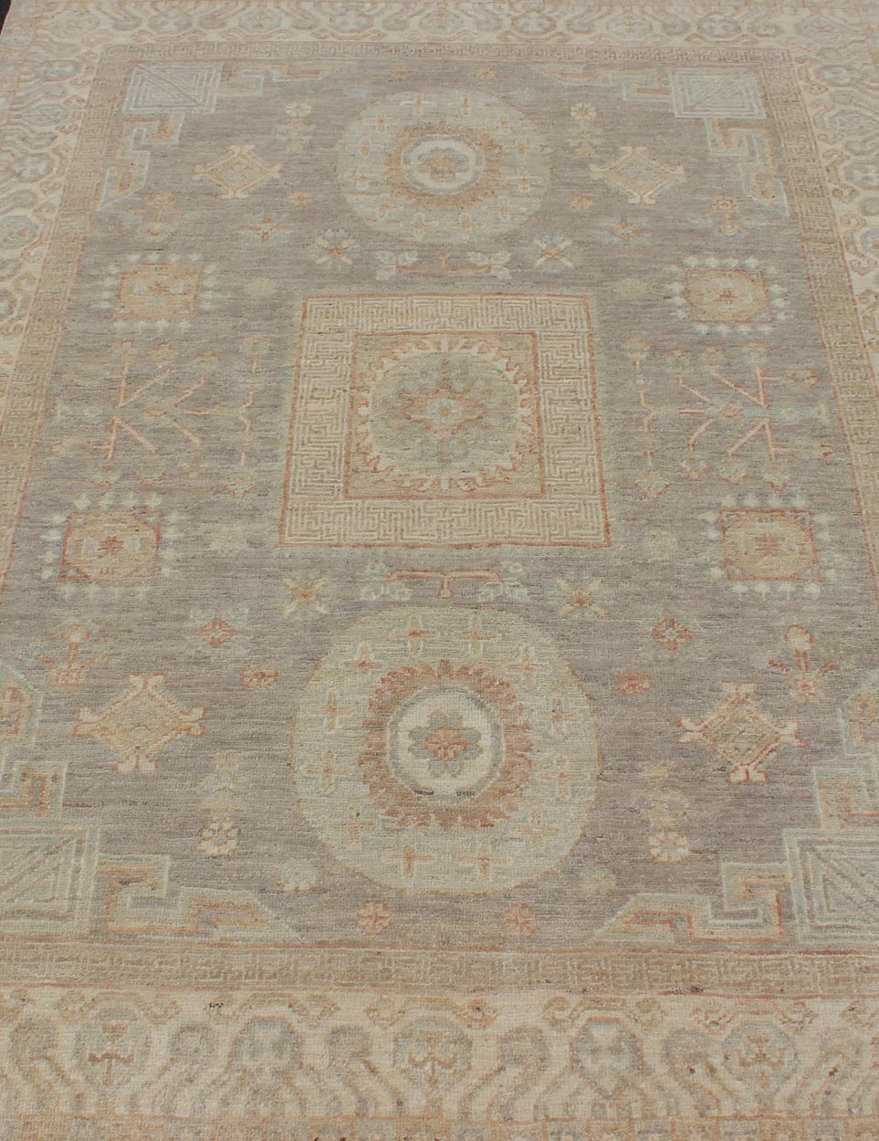 Fine Khotan Design Rug with Samarkand design in Muted Tones Light color Khotan rug with geometric Medallions in Gray, Tan, pale green, rust and light blue, rug/MP - 1903 - 10518 country of origin / type: Afghanistan / Khotan This Khotan feat... - Keivan Woven ArtsMP - 1903 - 10518 - 1472Rug