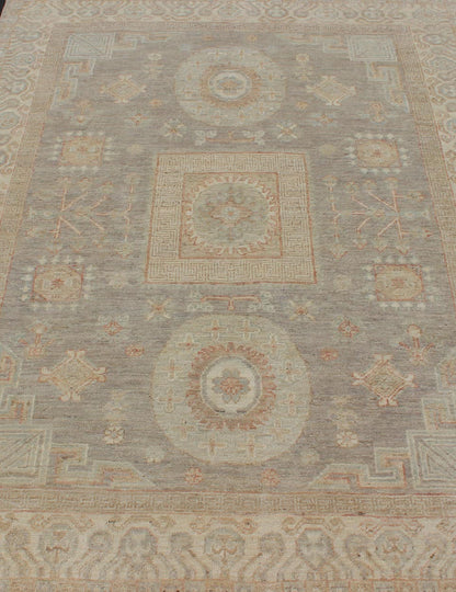 Fine Khotan Design Rug with Samarkand design in Muted Tones Light color Khotan rug with geometric Medallions in Gray, Tan, pale green, rust and light blue, rug/MP - 1903 - 10518 country of origin / type: Afghanistan / Khotan This Khotan feat... - Keivan Woven ArtsMP - 1903 - 10518 - 1472Rug