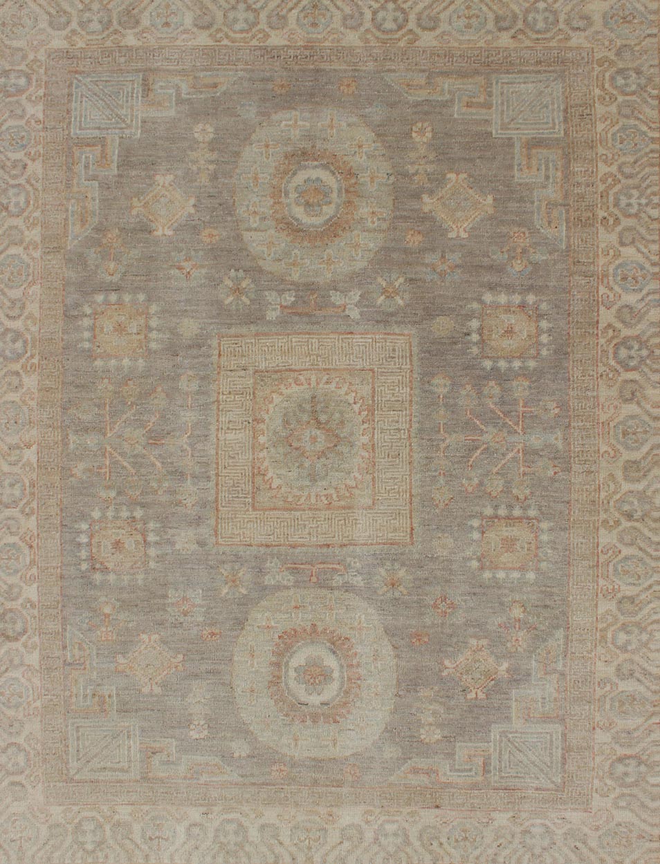 Fine Khotan Design Rug with Samarkand design in Muted Tones Light color Khotan rug with geometric Medallions in Gray, Tan, pale green, rust and light blue, rug/MP - 1903 - 10518 country of origin / type: Afghanistan / Khotan This Khotan feat... - Keivan Woven ArtsMP - 1903 - 10518 - 1472Rug