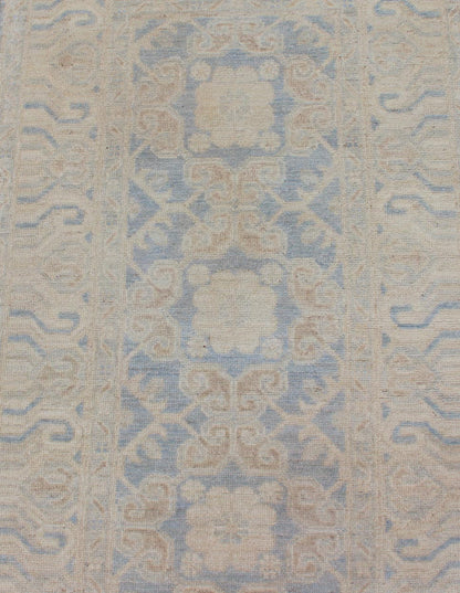 Afghan Khotan Runner with Geometric Design in Shades of Powder Blue and Tan Keivan Woven Arts / rug MP - 1911 - 10727, country of origin / type: Afghanistan / Khotan This Reproduction Khotan features a geometric all - over design flanked by a repeatin... - Keivan Woven ArtsMP - 1911 - 10727 - 12301Rug