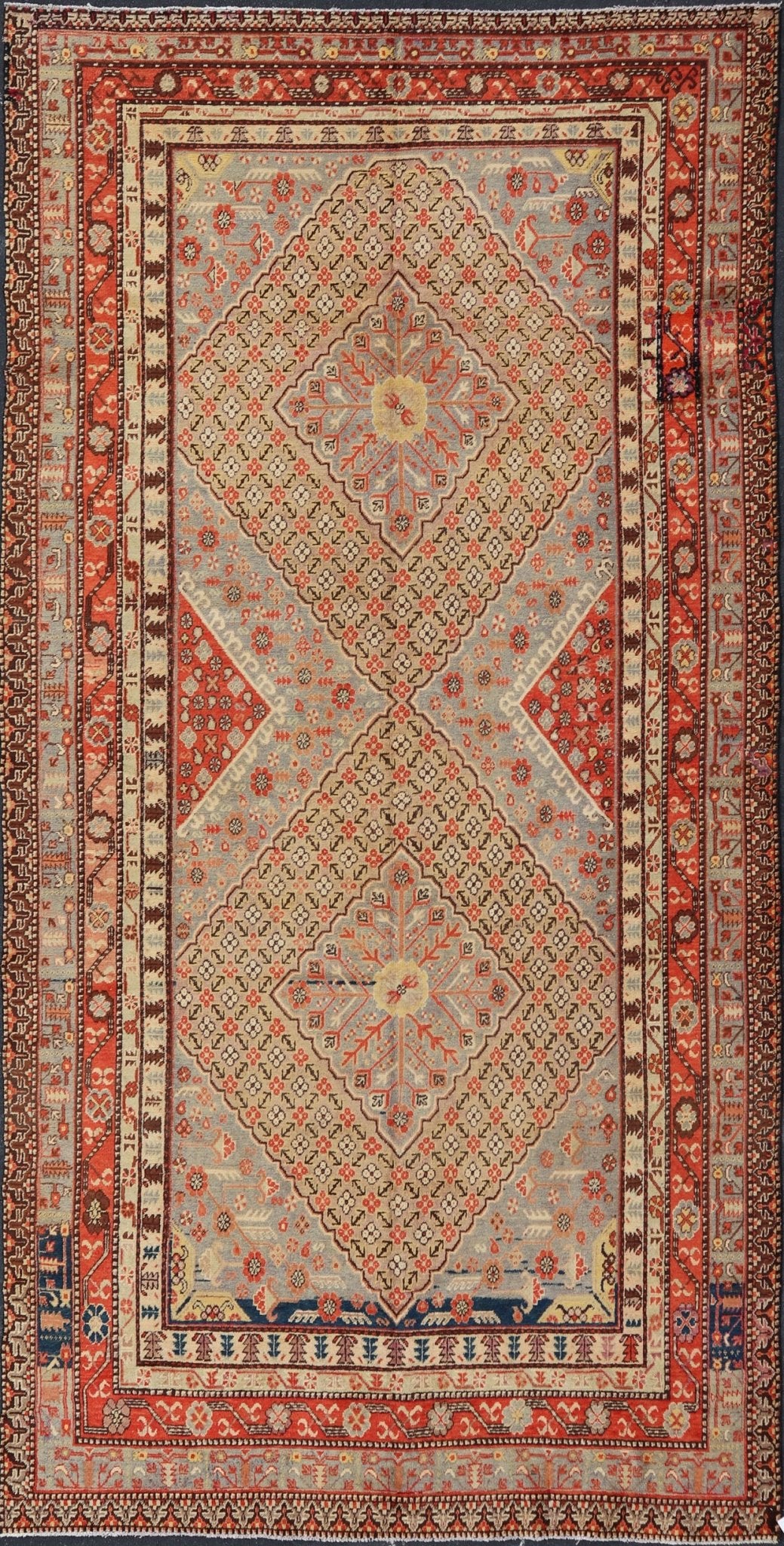 Large Antique Khotan Gallery Rug with layered Diamond design , Yellow, Orange, Brown & Gray Measures: 7'11 x 15'3 Large Antique Khotan Gallery Rug with Diamonds , Yellow, Orange Brown & Gray and multi colors. Keivan Woven Arts - Rug... - Keivan Woven ArtsMP - 467 - 852Rug