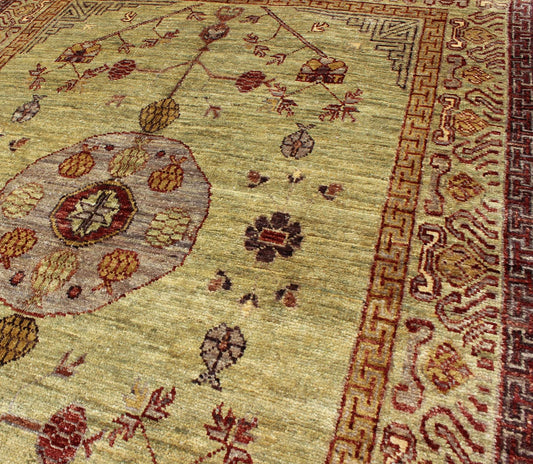 Vintage Khotan Design Rug with Circular Medallion on Light Pistachio Green, rug MP - 864, country of origin / type: Afghanistan / Khotan This Khotan features a circular medallion flanked by Greek key and repeating pattern in the border. The entire... - Keivan Woven ArtsMP - 864 - 2380Rug